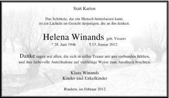 Todesanzeige von Helena Wienands von Rheinische Post