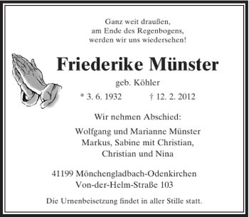 Todesanzeige von Friederike Münster von Rheinische Post
