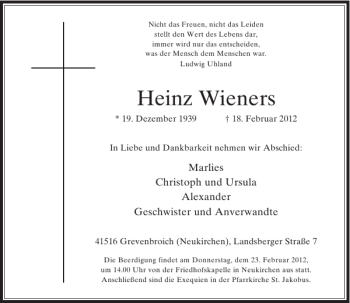 Todesanzeige von Heinz Wieners von Rheinische Post