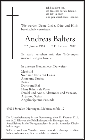 Todesanzeige von Andreas Balters von Rheinische Post