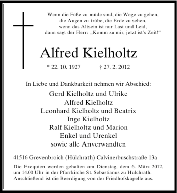 Todesanzeige von Alfred Kielholtz von Rheinische Post
