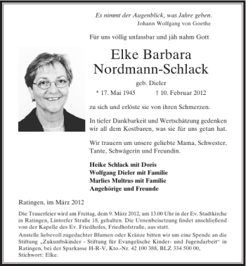 Todesanzeige von Elke Barbara Nordmann-Schlack von Rheinische Post