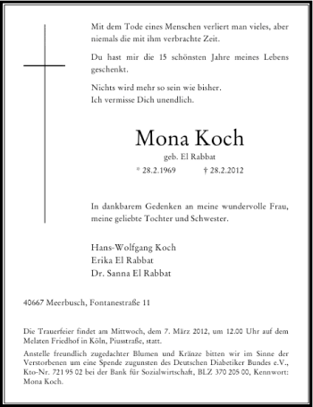 Todesanzeige von Koch Mona von Rheinische Post