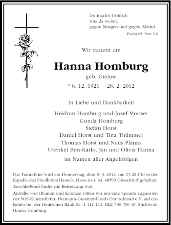 Todesanzeige von Hanna Homburg von Rheinische Post