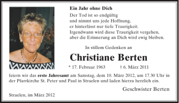 Todesanzeige von Christiane Berten von Rheinische Post