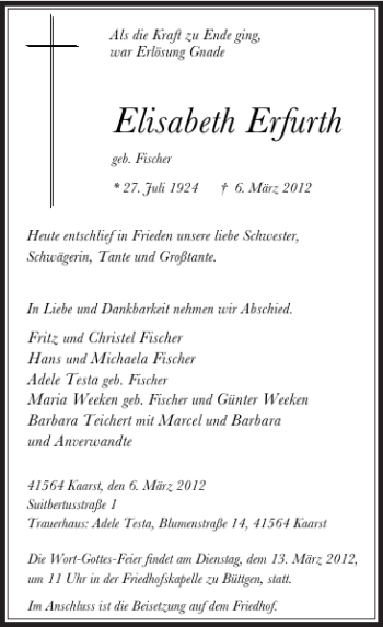Todesanzeige von Elisabeth Erfurth von Rheinische Post