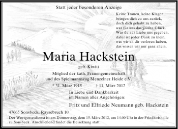Todesanzeige von Maria Hackstein von Rheinische Post