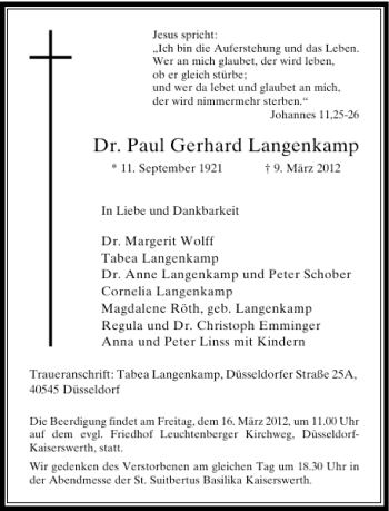 Todesanzeige von Dr. Paul Gerhard Langenkamp von Rheinische Post