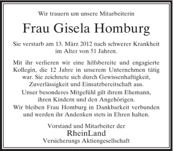 Todesanzeige von Frau Gisela Homburg von Rheinische Post