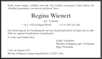 Todesanzeige von Regina Wienert von Rheinische Post