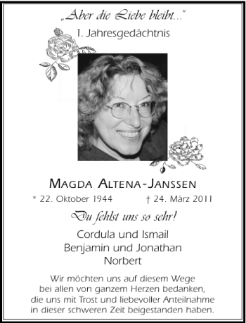 Todesanzeige von Magda Altena-Janssen von Rheinische Post