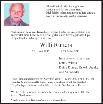 Todesanzeige von Willi Ruiters von Rheinische Post
