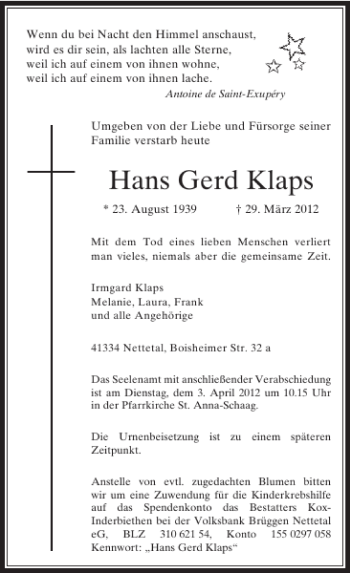 Todesanzeige von Gerd Klaps Hans von Rheinische Post