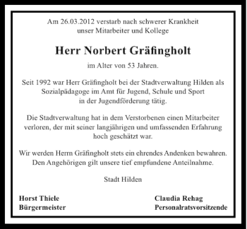 Todesanzeige von Norbert Gräfingholt von Rheinische Post