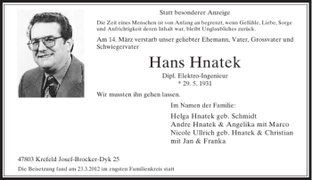 Todesanzeige von Hans Hnatek von Rheinische Post