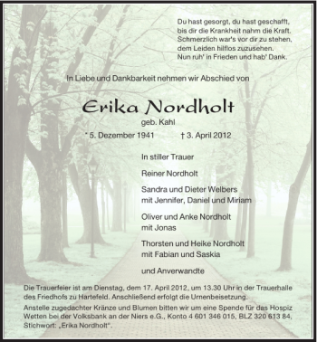 Todesanzeige von Erika Nordholt von Rheinische Post