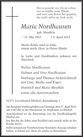 Todesanzeige von Maria Nordhausen von Rheinische Post