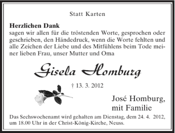 Todesanzeige von Gisela Homburg von Rheinische Post