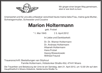 Todesanzeige von Holtermann Marion von Rheinische Post