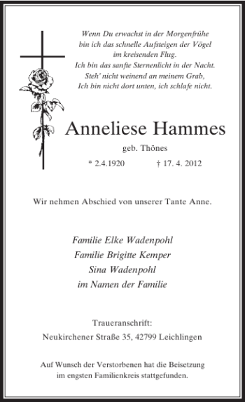 Todesanzeige von Anneliese Hammes von Rheinische Post
