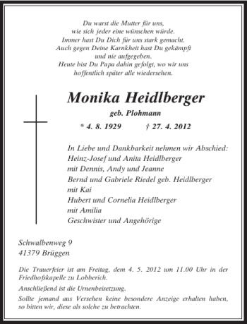 Todesanzeige von Monika Heidelberger von Rheinische Post