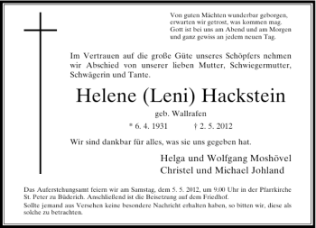 Todesanzeige von Helene (Leni) Hackstein von Rheinische Post