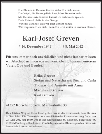 Todesanzeige von Karl-Josef Greven von Rheinische Post