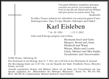 Todesanzeige von Karl Eisleben von Rheinische Post