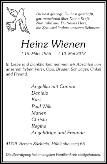 Todesanzeige von Heinz Wienen von Rheinische Post