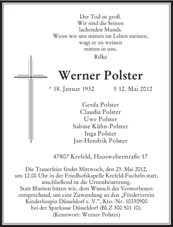 Todesanzeige von Werner Polster von Rheinische Post