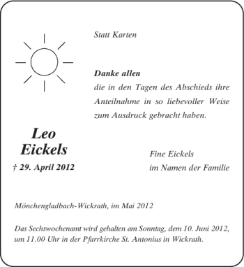 Todesanzeige von Leo Eickels von Rheinische Post