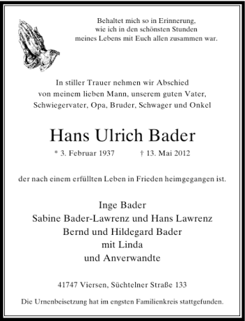 Todesanzeige von Hansa Ulrich Bader von Rheinische Post