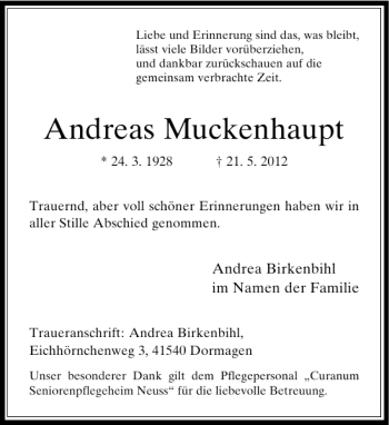 Todesanzeige von Andreas Muckenhaupt von Rheinische Post