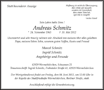 Todesanzeige von Andreas Schmitz von Rheinische Post
