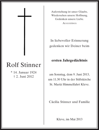 Todesanzeige von Rolf Stinner von Rheinische Post