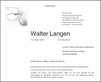 Todesanzeige von Walter Langen von Rheinische Post