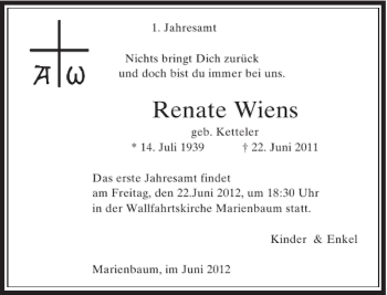 Todesanzeige von Renate Wiens von Rheinische Post