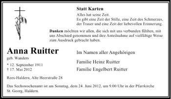 Todesanzeige von Anna Ruitter von Rheinische Post