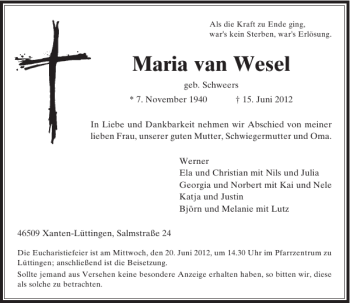 Todesanzeige von Maria van Wesel von Rheinische Post