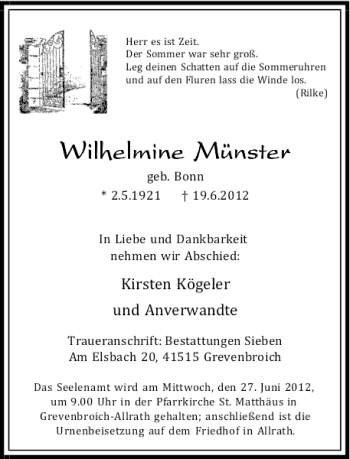 Todesanzeige von Wilhelmine Münster von Rheinische Post