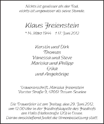 Todesanzeige von Klaus Freienstein von Rheinische Post
