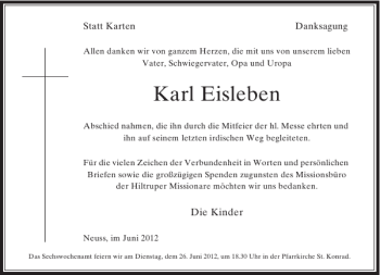 Todesanzeige von Karl Eisleben von Rheinische Post