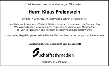 Todesanzeige von Klaus Freienstein von Rheinische Post