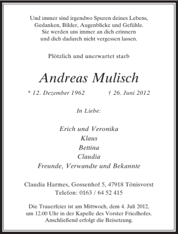 Todesanzeige von Andreas Mulisch von Rheinische Post
