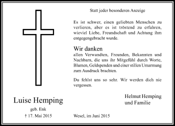 Todesanzeige von Luise Hemping von Rheinische Post