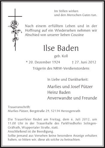 Todesanzeige von Ilse Baden von Rheinische Post