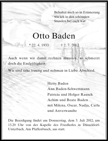 Todesanzeige von Otto Baden von Rheinische Post