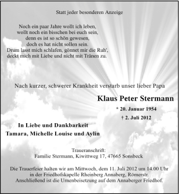 Todesanzeige von Peter Stermann Klaus von Rheinische Post
