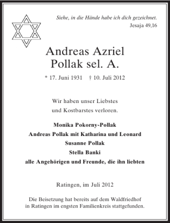 Todesanzeige von Andreas Azriel Pollak sel. A von Rheinische Post