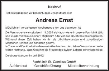 Todesanzeige von Andreas Ernst von Rheinische Post